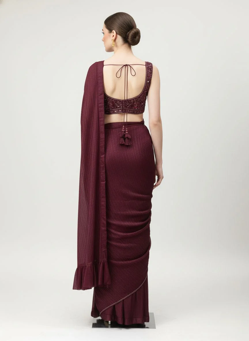 Wine Ready-to-Wear Pre-Draped Saree with Hand-Embroidered Blouse - Image 6