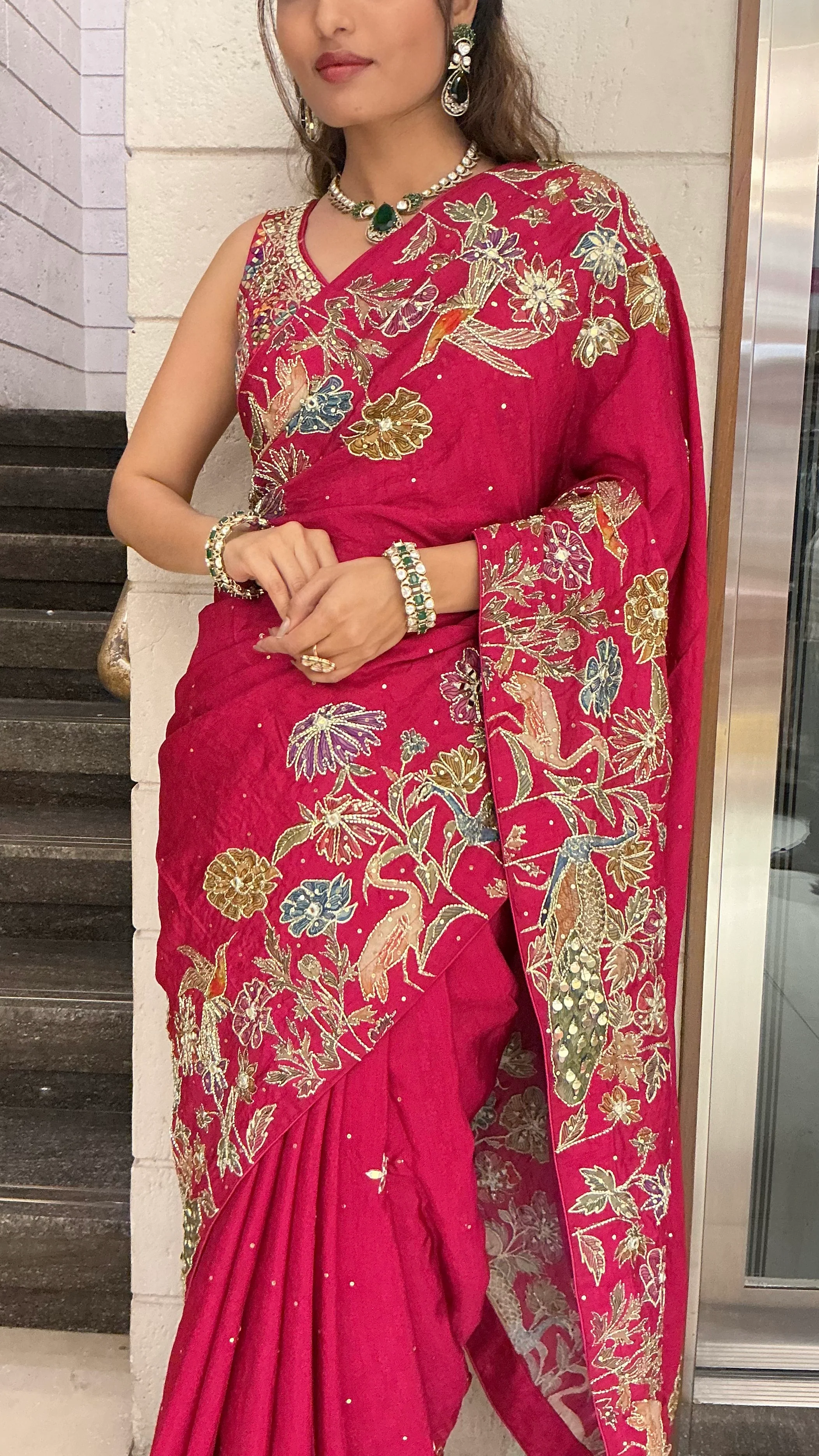 Wine Red Heavy Floral Embroidered Designer Saree with Zari & Sequin Work - Image 2