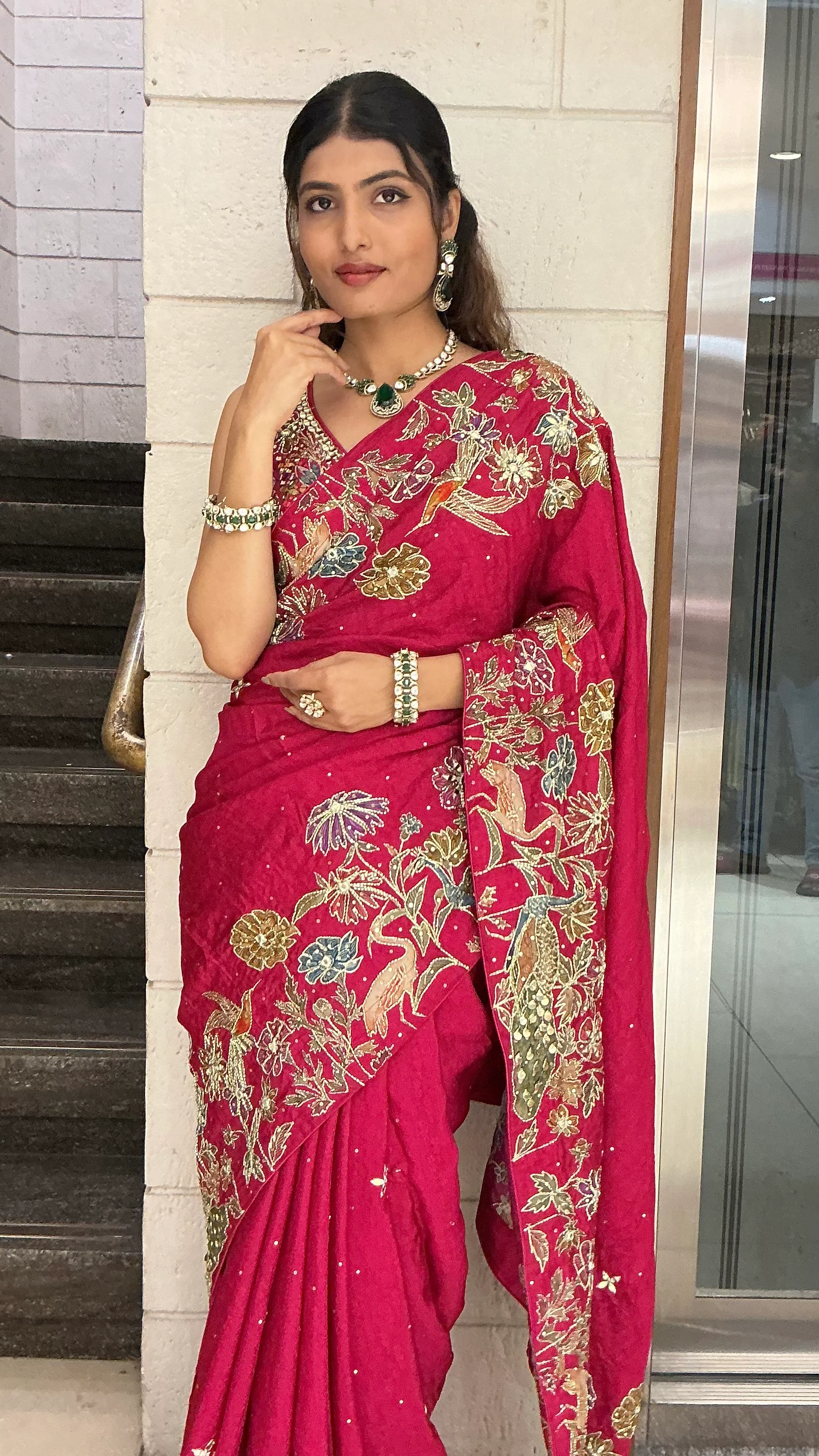 Wine Red Heavy Floral Embroidered Designer Saree with Zari & Sequin Work - Image 3
