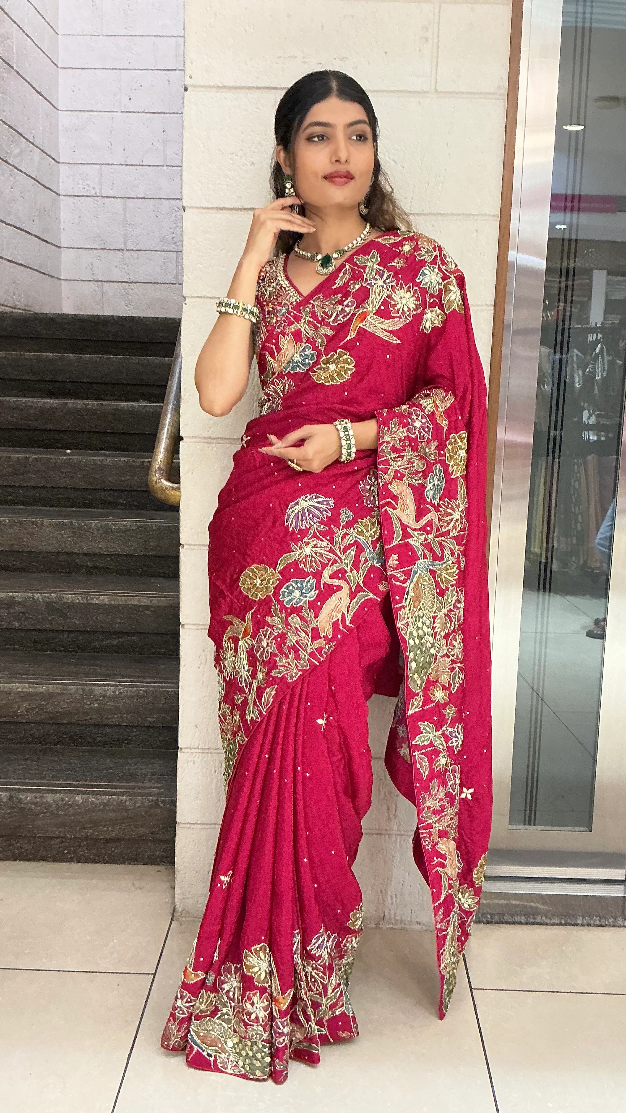 Wine Red Heavy Floral Embroidered Designer Saree with Zari & Sequin Work - Image 4