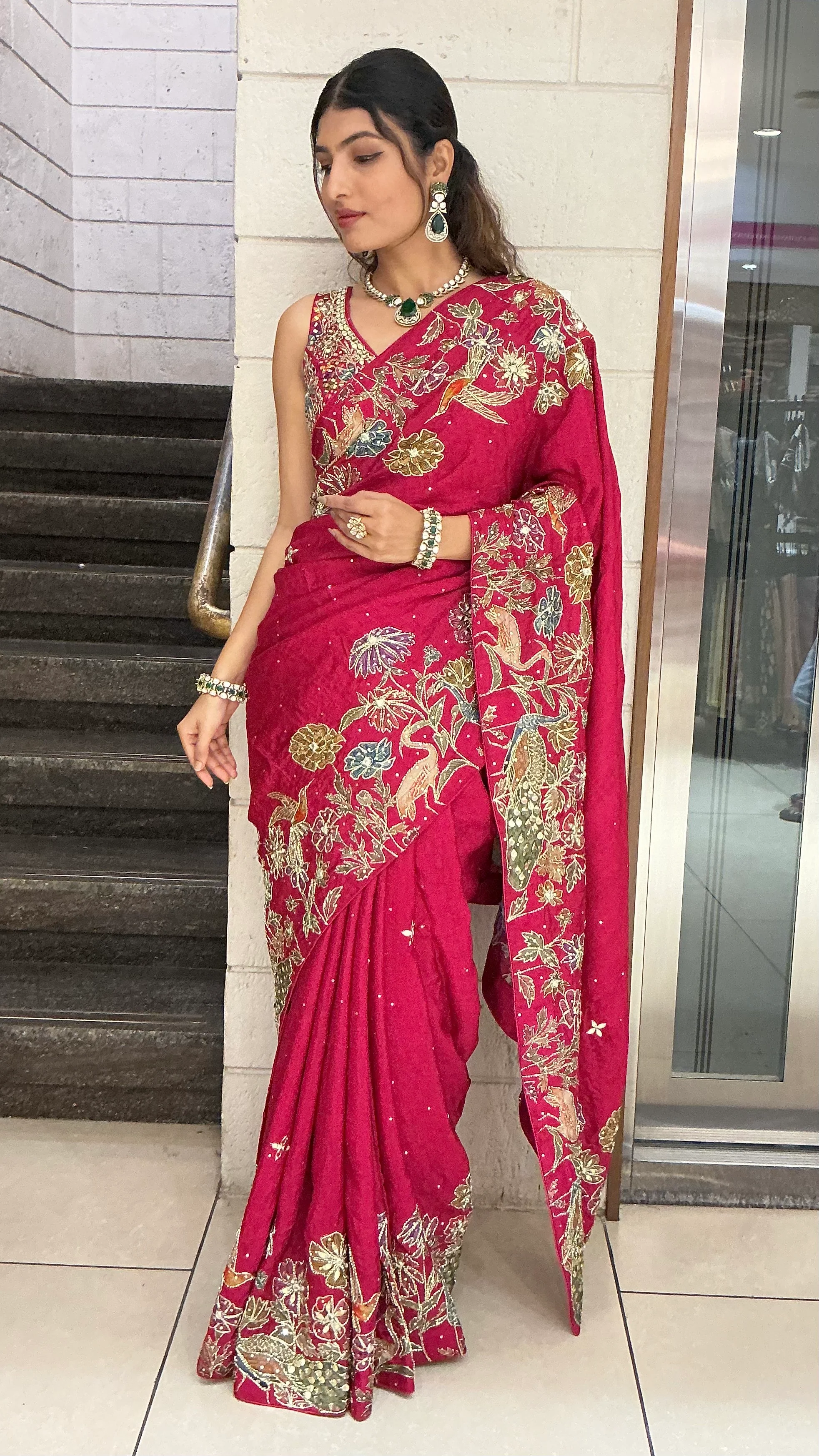 Wine Red Heavy Floral Embroidered Designer Saree with Zari & Sequin Work - Image 5