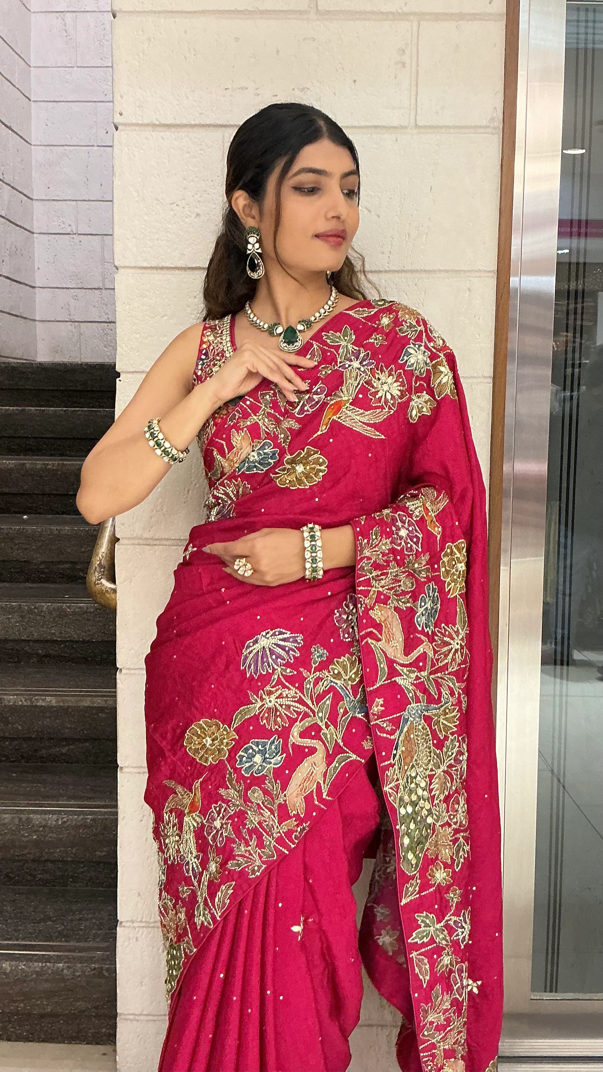 Wine Red Heavy Floral Embroidered Designer Saree with Zari & Sequin Work - Image 6