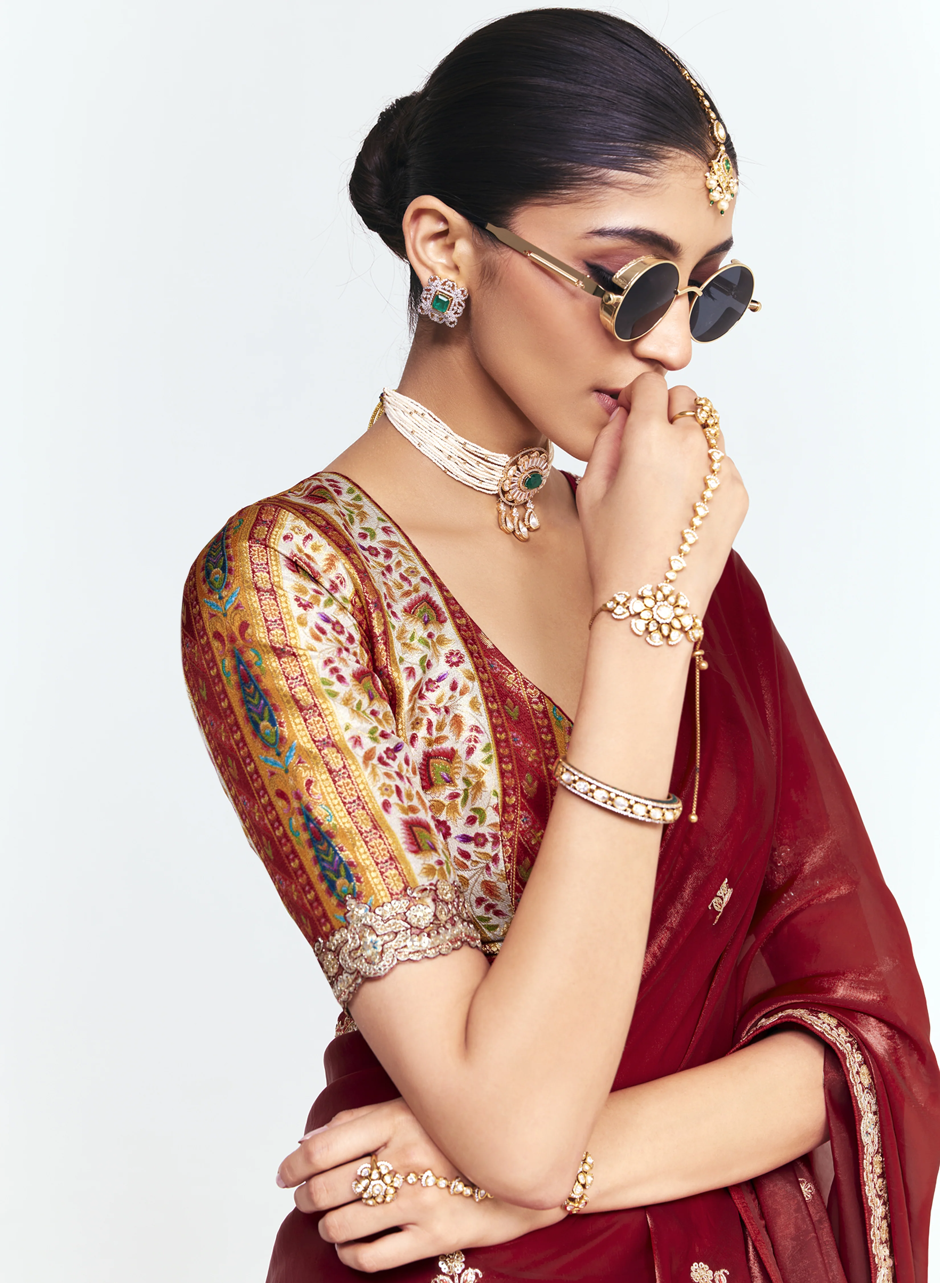 Wine Red Satin Saree with Embroidered Border & Designer Blouse - Image 2