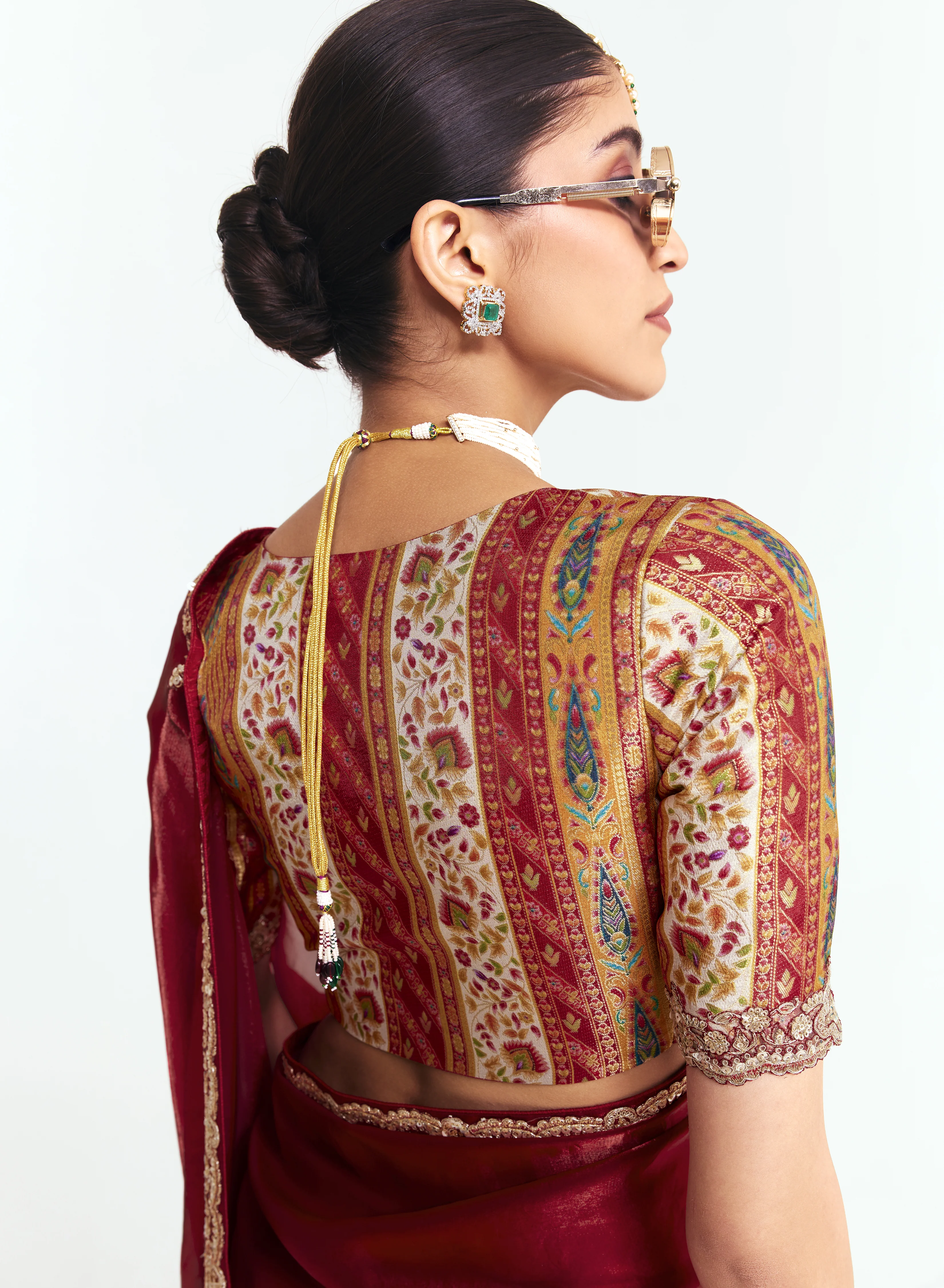 Wine Red Satin Saree with Embroidered Border & Designer Blouse - Image 3
