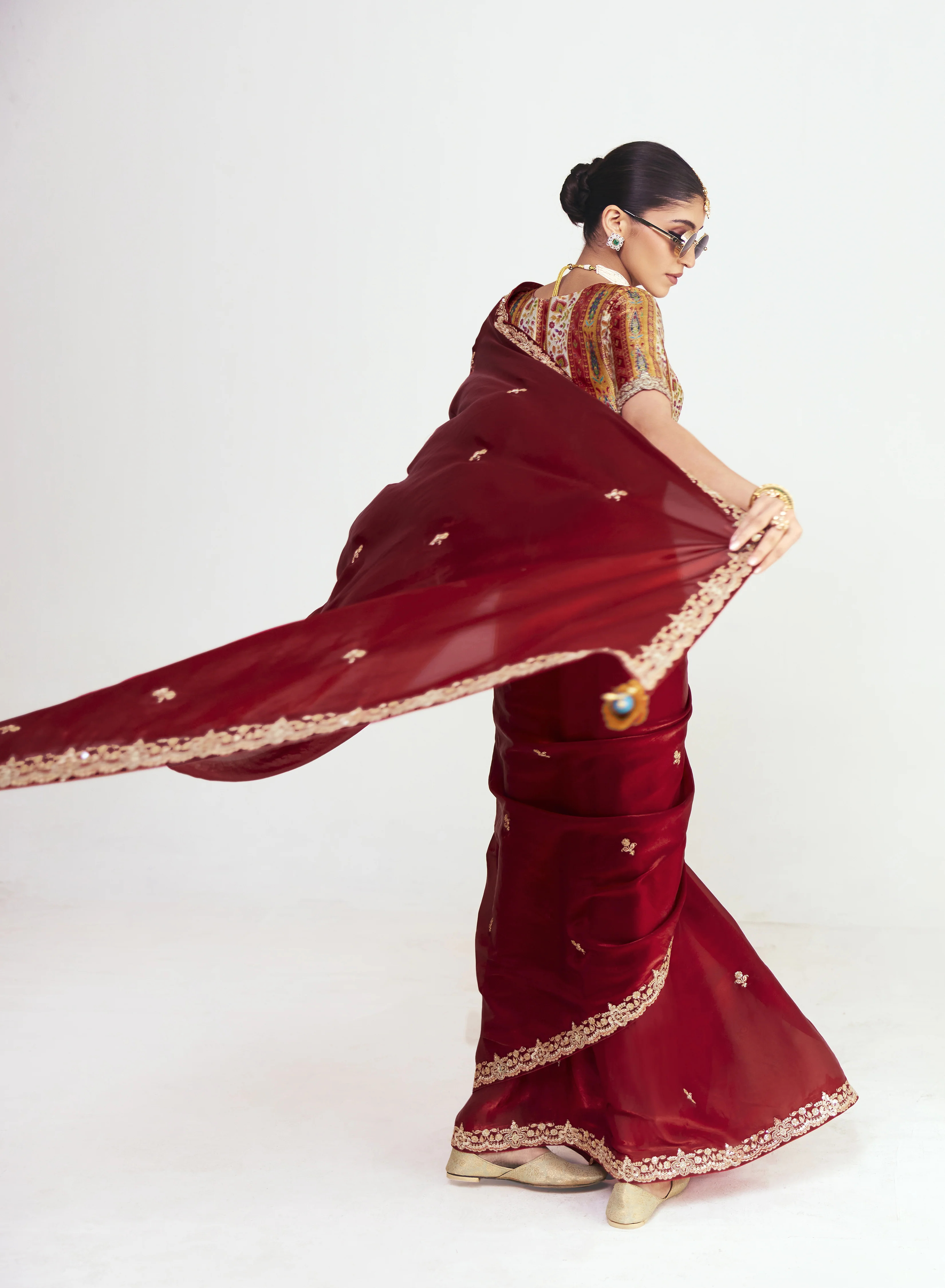 Wine Red Satin Saree with Embroidered Border & Designer Blouse - Image 4