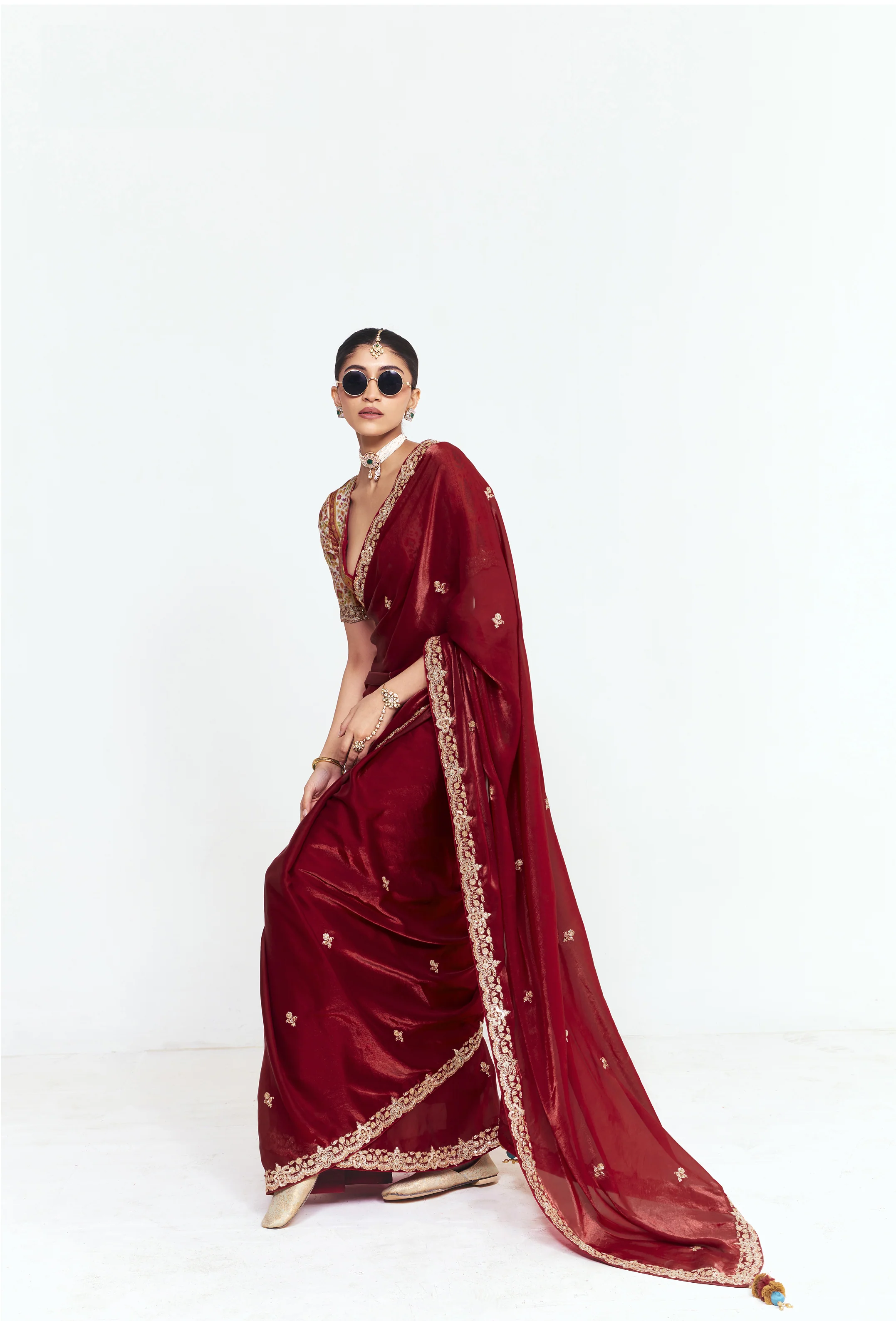 Wine Red Satin Saree with Embroidered Border & Designer Blouse - Image 5