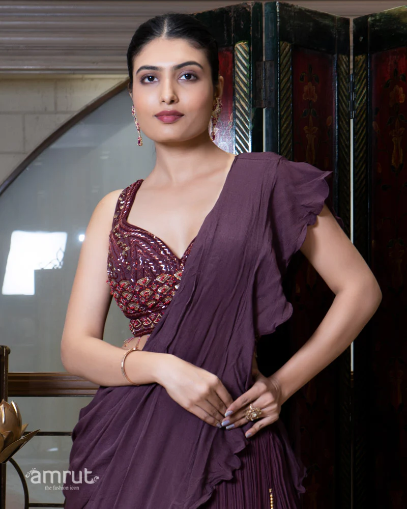 Wine Ruffle Lehenga Set with Embellished Blouse and Dupatta - Image 2