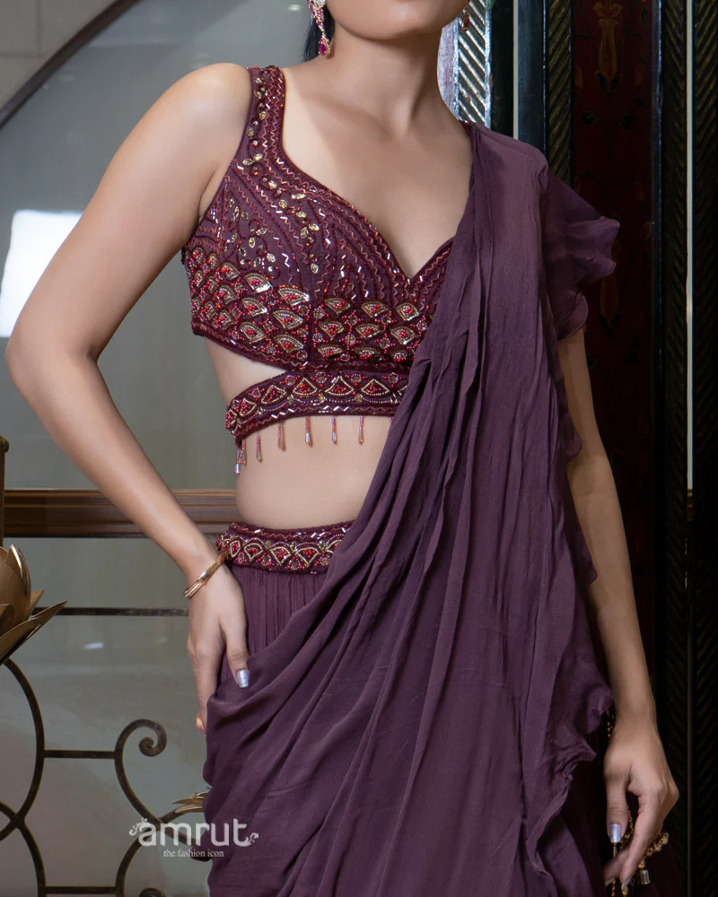 Wine Ruffle Lehenga Set with Embellished Blouse and Dupatta - Image 3
