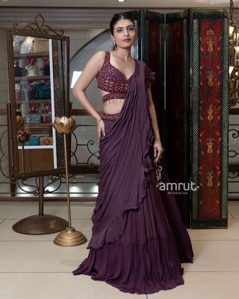 Wine Ruffle Lehenga Set with Embellished Blouse and Dupatta - Image 4