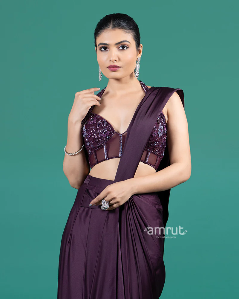 Wine Satin Ready-to-Wear Saree with Embellished Halter Blouse - Image 2