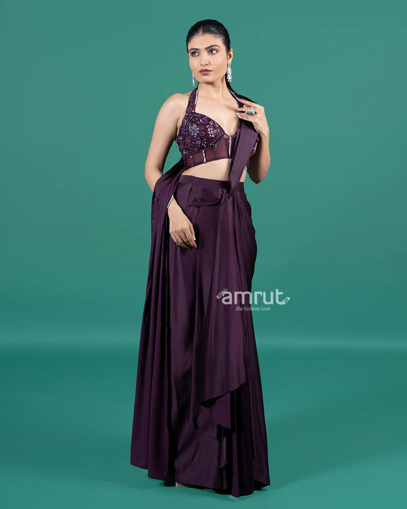 Wine Satin Ready-to-Wear Saree with Embellished Halter Blouse - Image 4