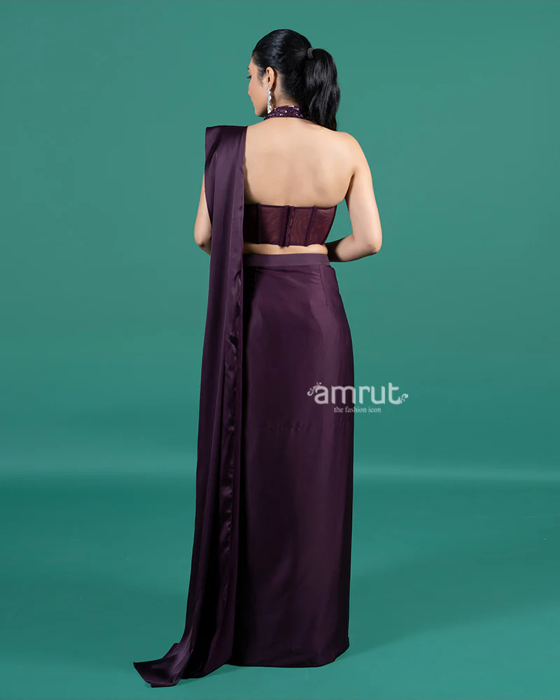 Wine Satin Ready-to-Wear Saree with Embellished Halter Blouse - Image 5
