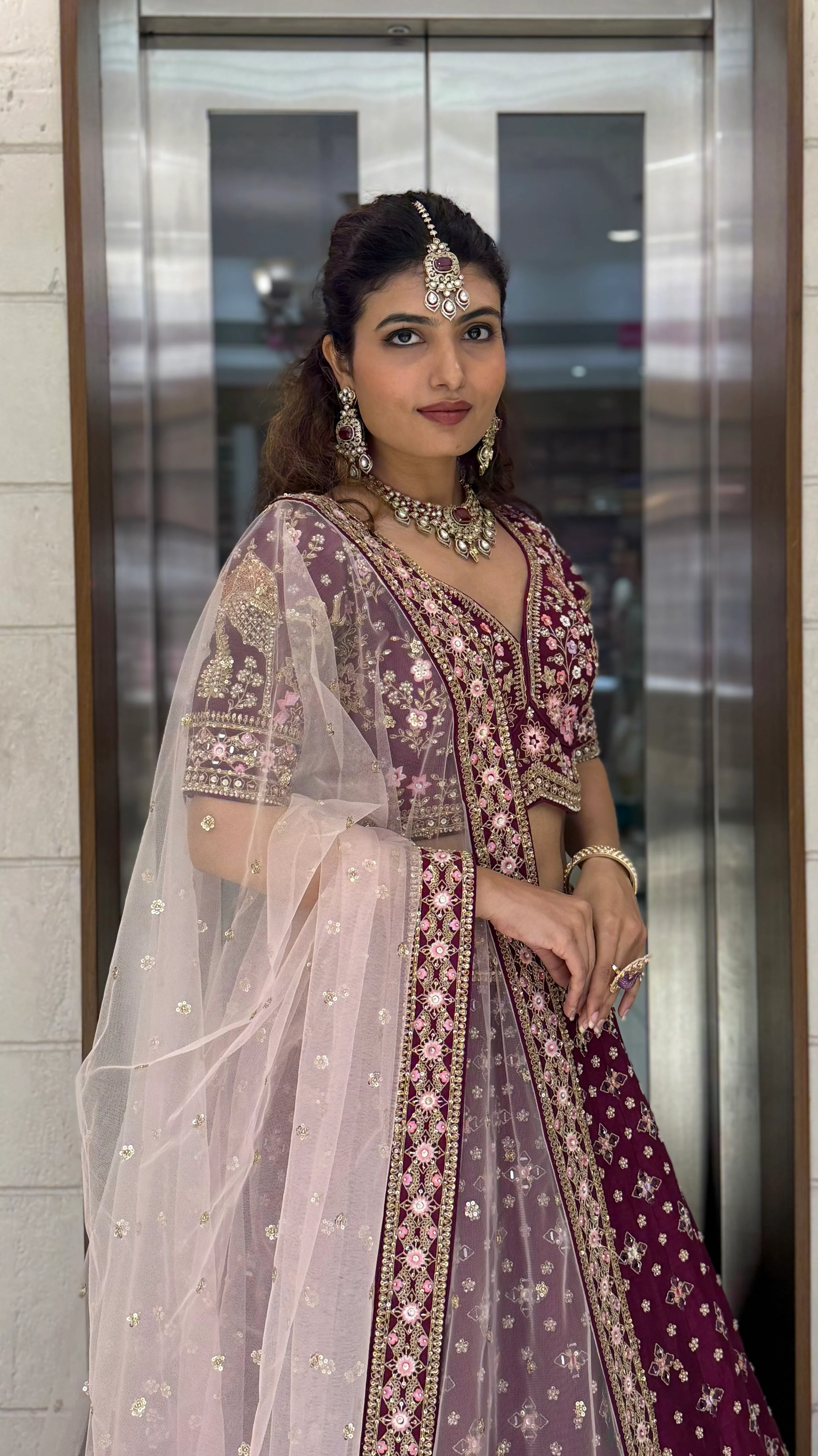 Wine Velvet Bridal Lehenga with Hand Zardozi, Sequin & Resham Temple Border - Image 2
