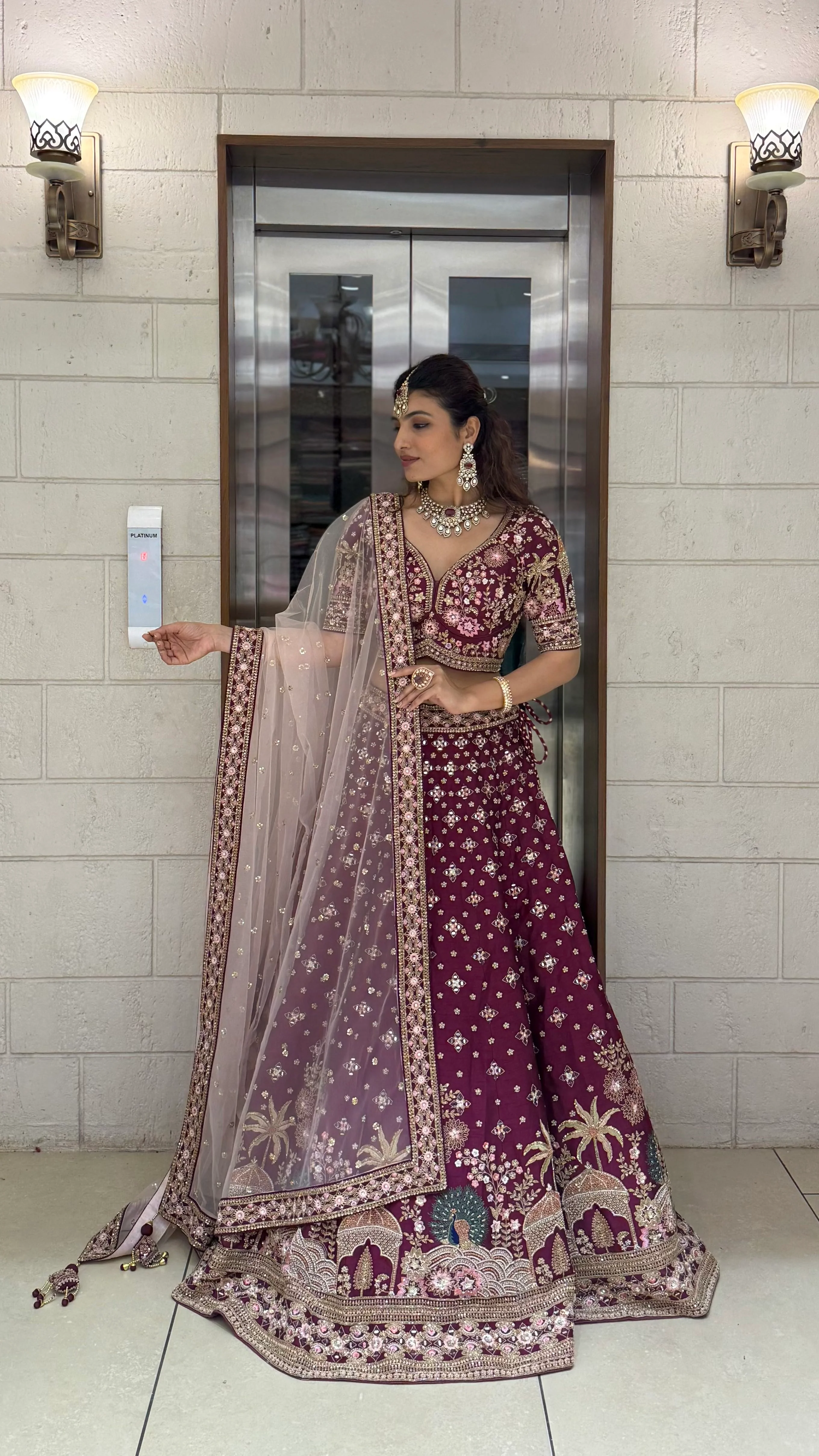 Wine Velvet Bridal Lehenga with Hand Zardozi, Sequin & Resham Temple Border - Image 3