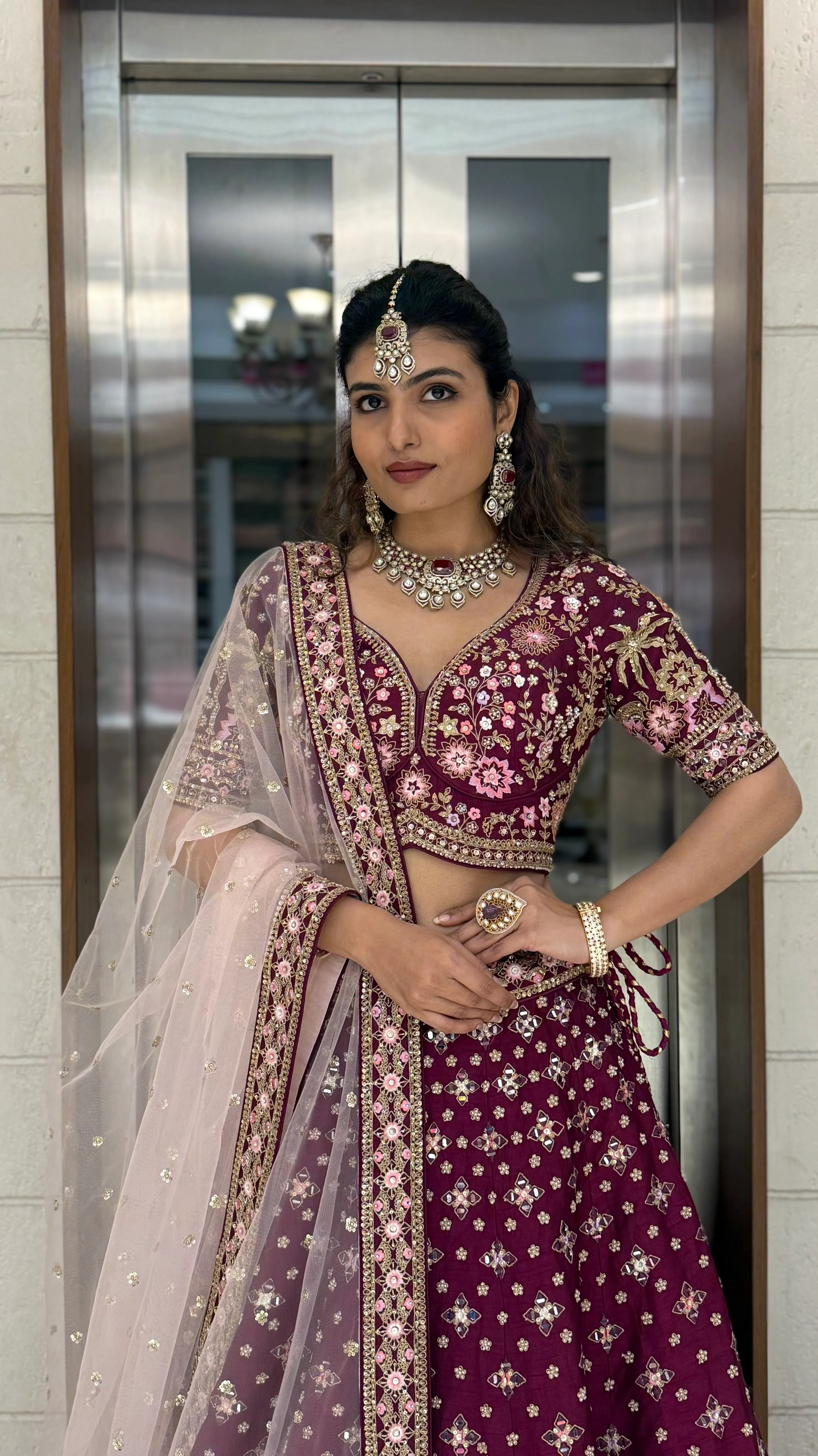 Wine Velvet Bridal Lehenga with Hand Zardozi, Sequin & Resham Temple Border - Image 4