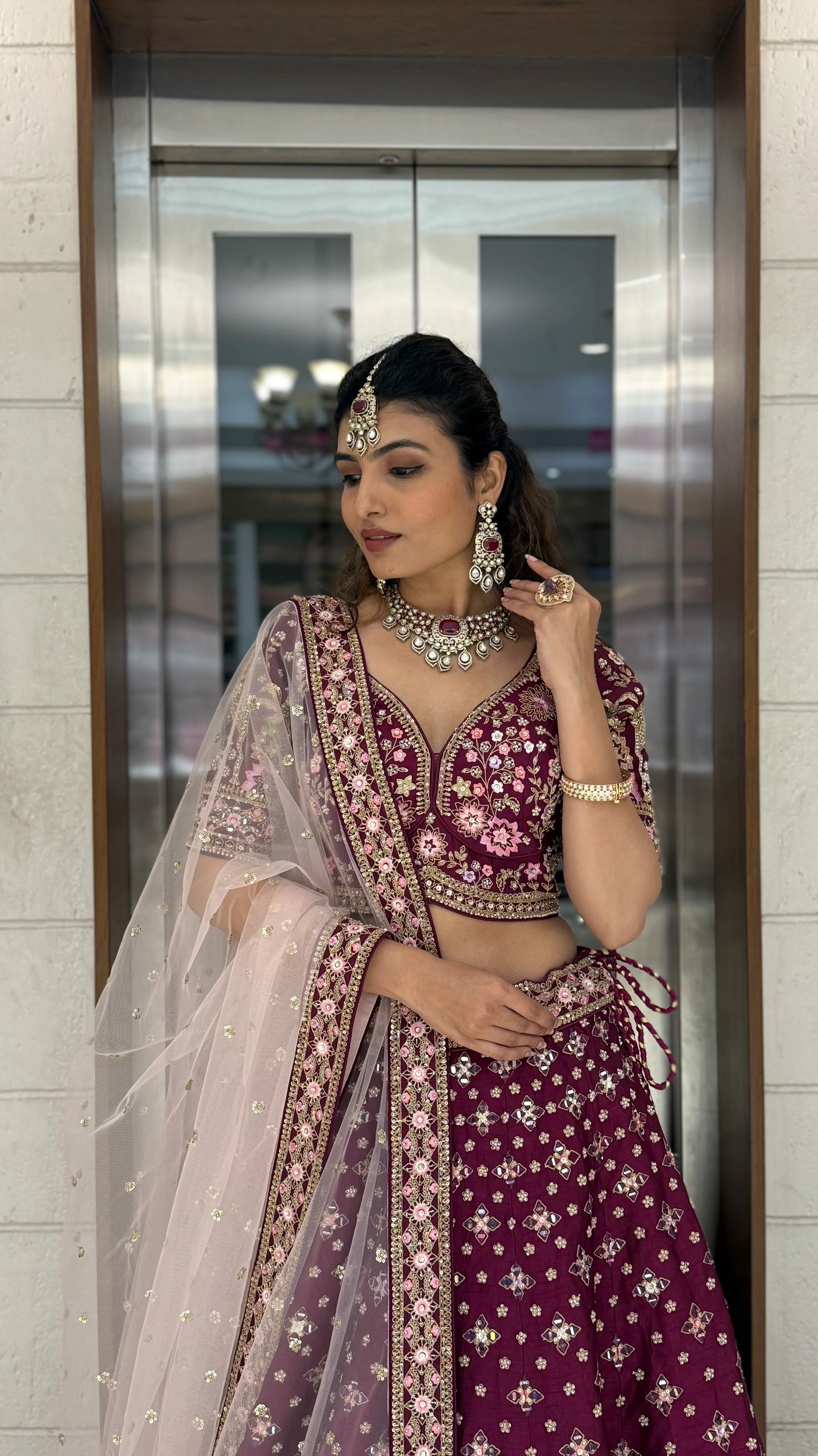Wine Velvet Bridal Lehenga with Hand Zardozi, Sequin & Resham Temple Border - Image 5