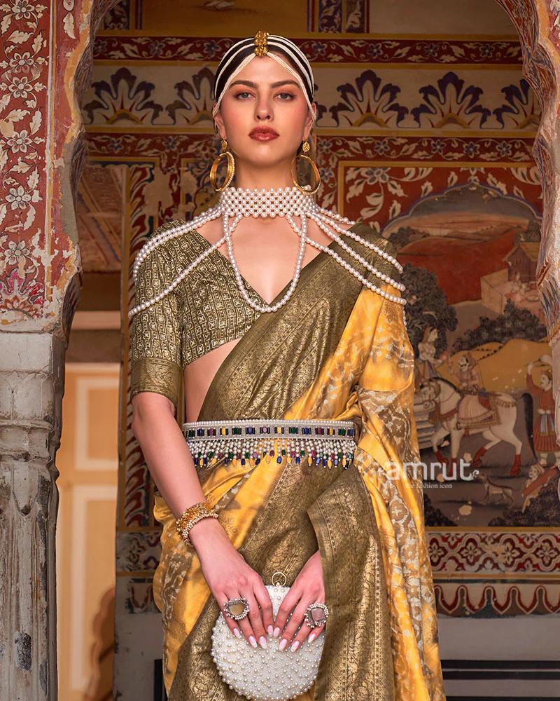 Yellow and Olive Green Silk Saree with Zari Border and Unstitched Blouse - Image 2