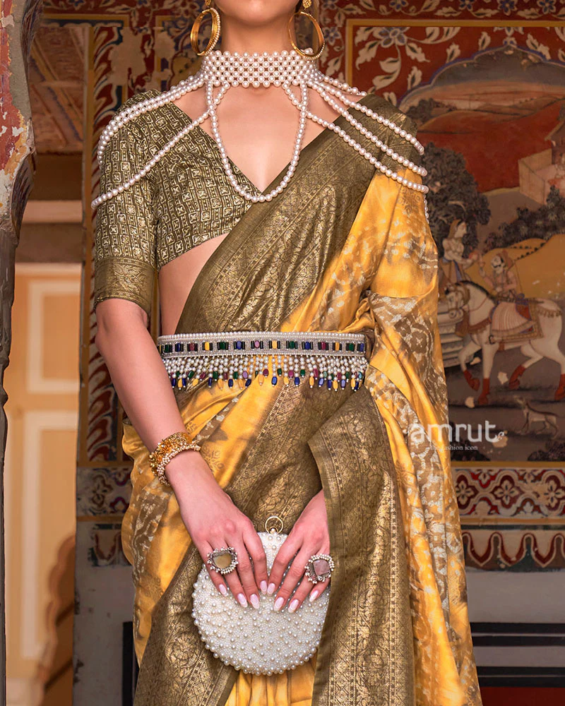 Yellow and Olive Green Silk Saree with Zari Border and Unstitched Blouse - Image 3