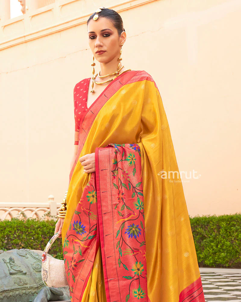 Yellow and Red contrast Border Zari weaving Paithani Silk Saree with Unstitched Blouse - Image 2