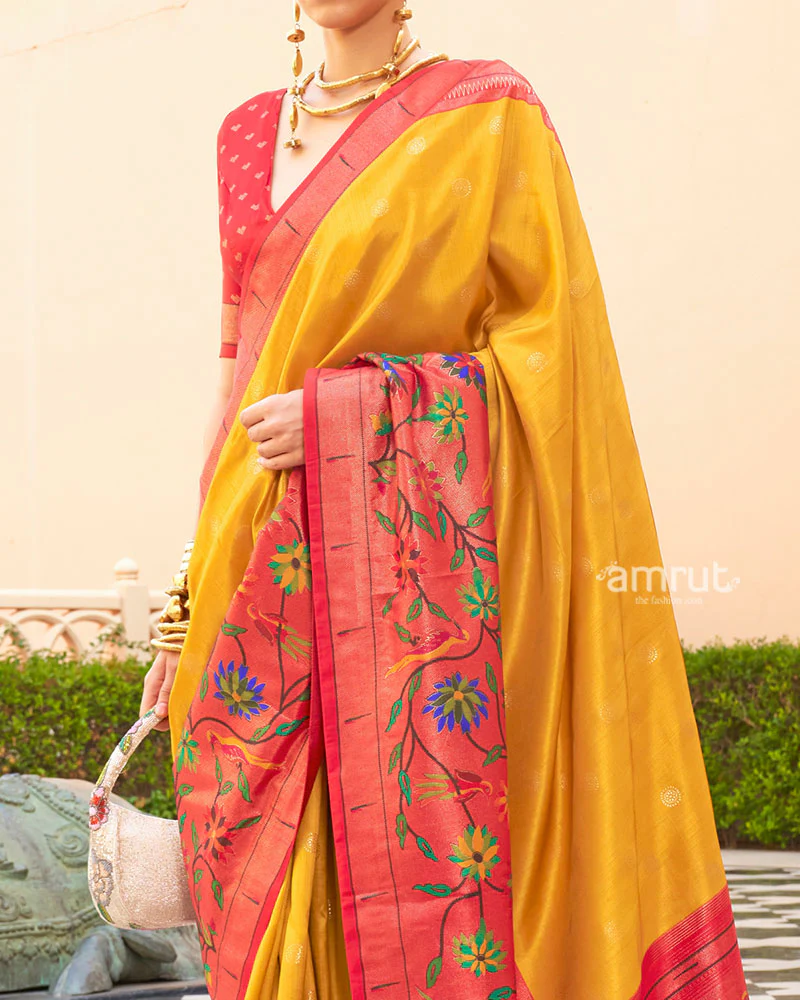 Yellow and Red contrast Border Zari weaving Paithani Silk Saree with Unstitched Blouse - Image 3