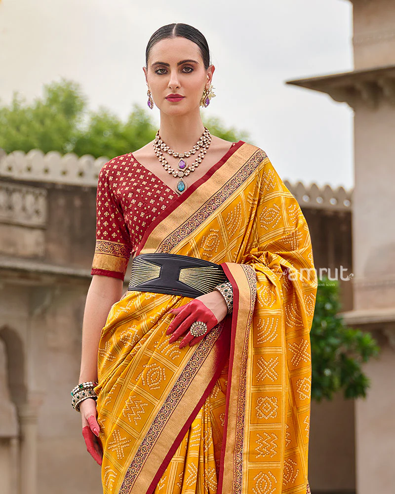Yellow Bandhani Printed Silk Saree with Unstitched Blouse - Image 2