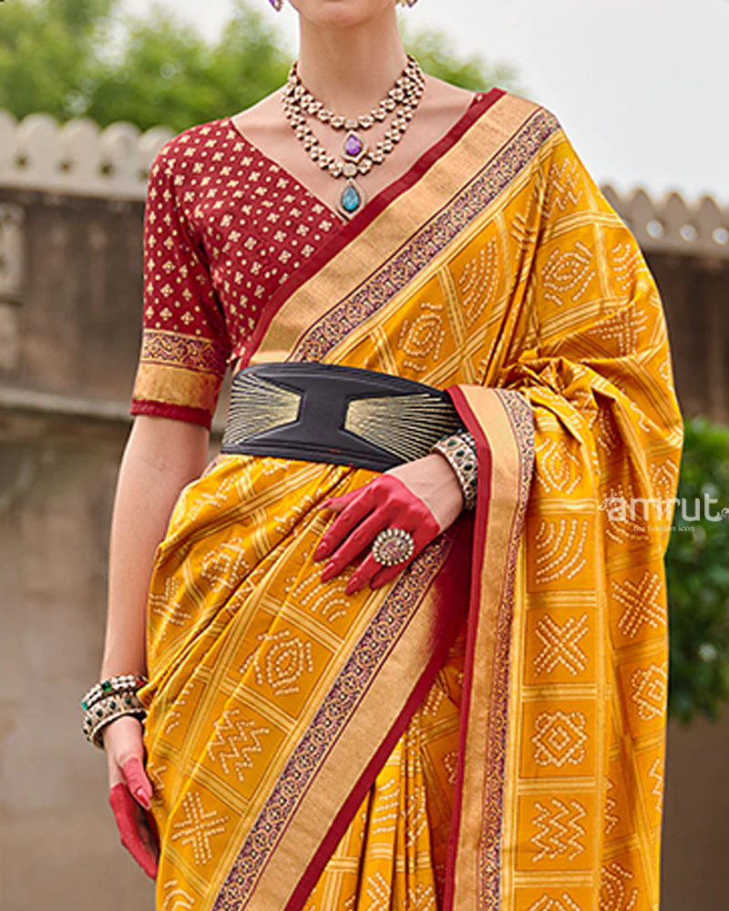 Yellow Bandhani Printed Silk Saree with Unstitched Blouse - Image 3