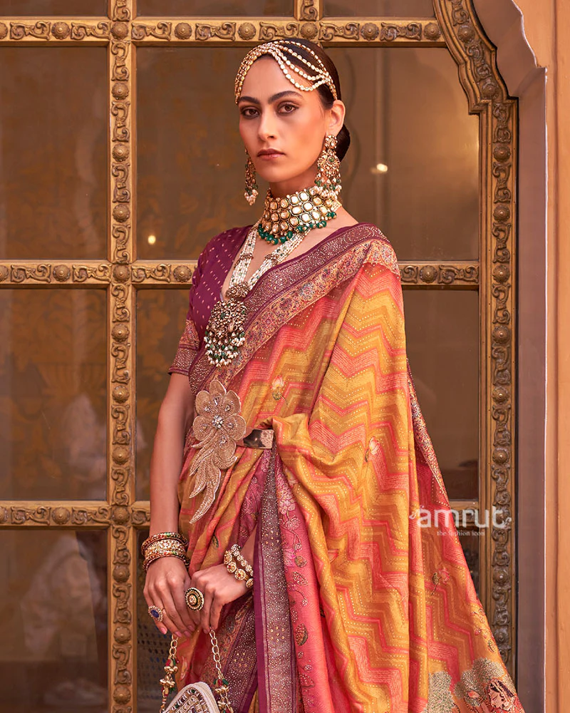 Yellow Digital Print Embellished Saree with Unstitched Blouse - Image 2
