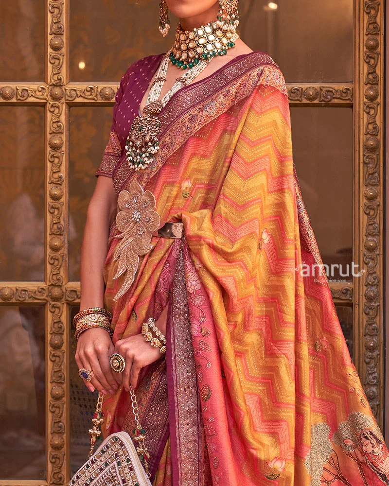 Yellow Digital Print Embellished Saree with Unstitched Blouse - Image 3