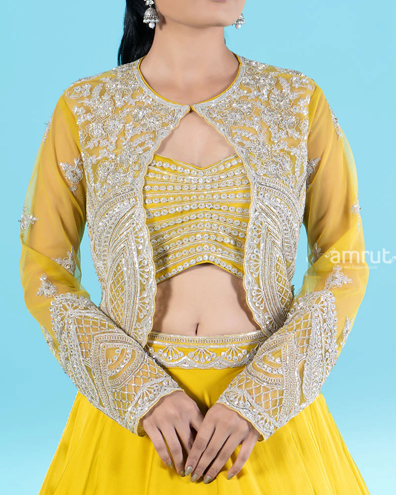 Yellow Embroidered Jacket with Crop Choli and Flared Lehenga - Image 3