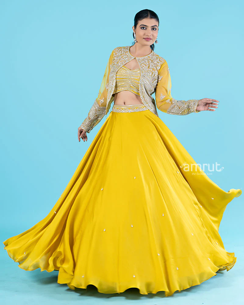 Yellow Embroidered Jacket with Crop Choli and Flared Lehenga - Image 4