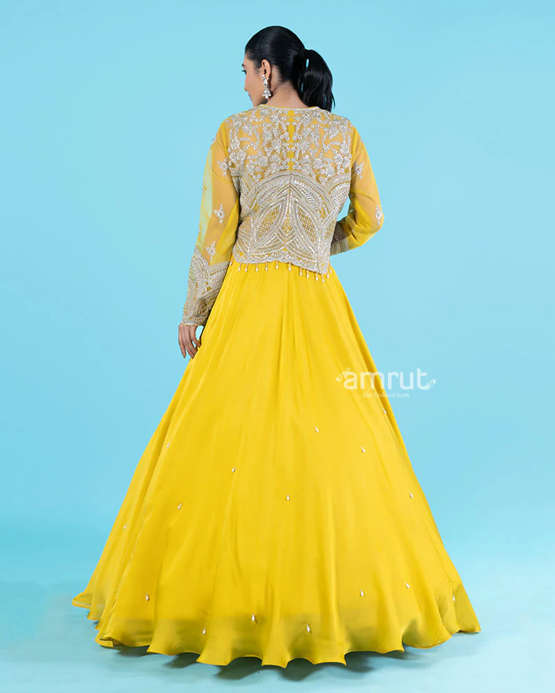 Yellow Embroidered Jacket with Crop Choli and Flared Lehenga - Image 5
