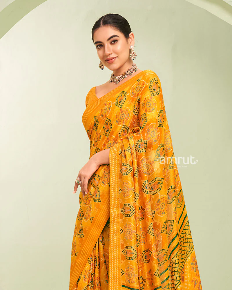 Yellow Floral Pattern Georgette Saree with Unstitched Blouse - Image 2