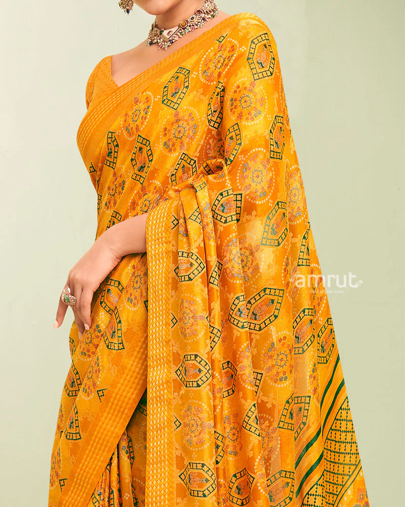 Yellow Floral Pattern Georgette Saree with Unstitched Blouse - Image 3