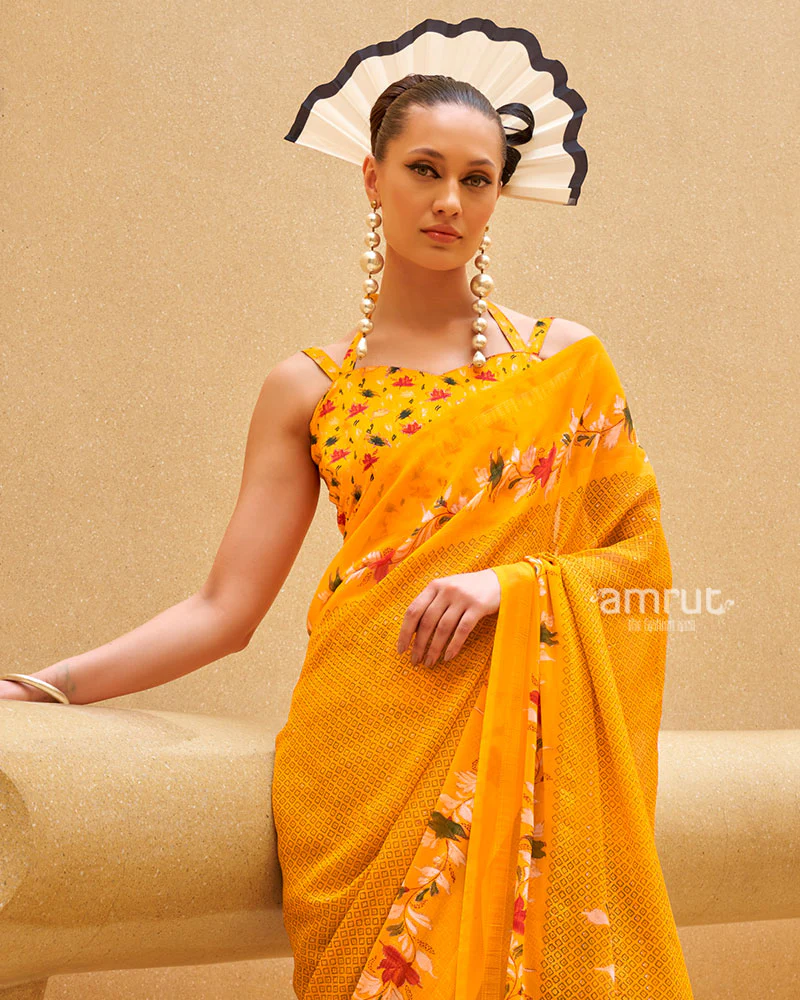 Yellow Floral Print Saree with Intricate Weaving and Unstitched Blouse - Image 2