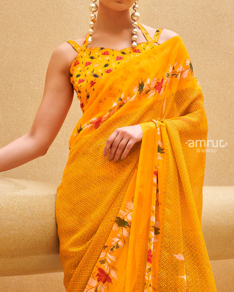 Yellow Floral Print Saree with Intricate Weaving and Unstitched Blouse - Image 3