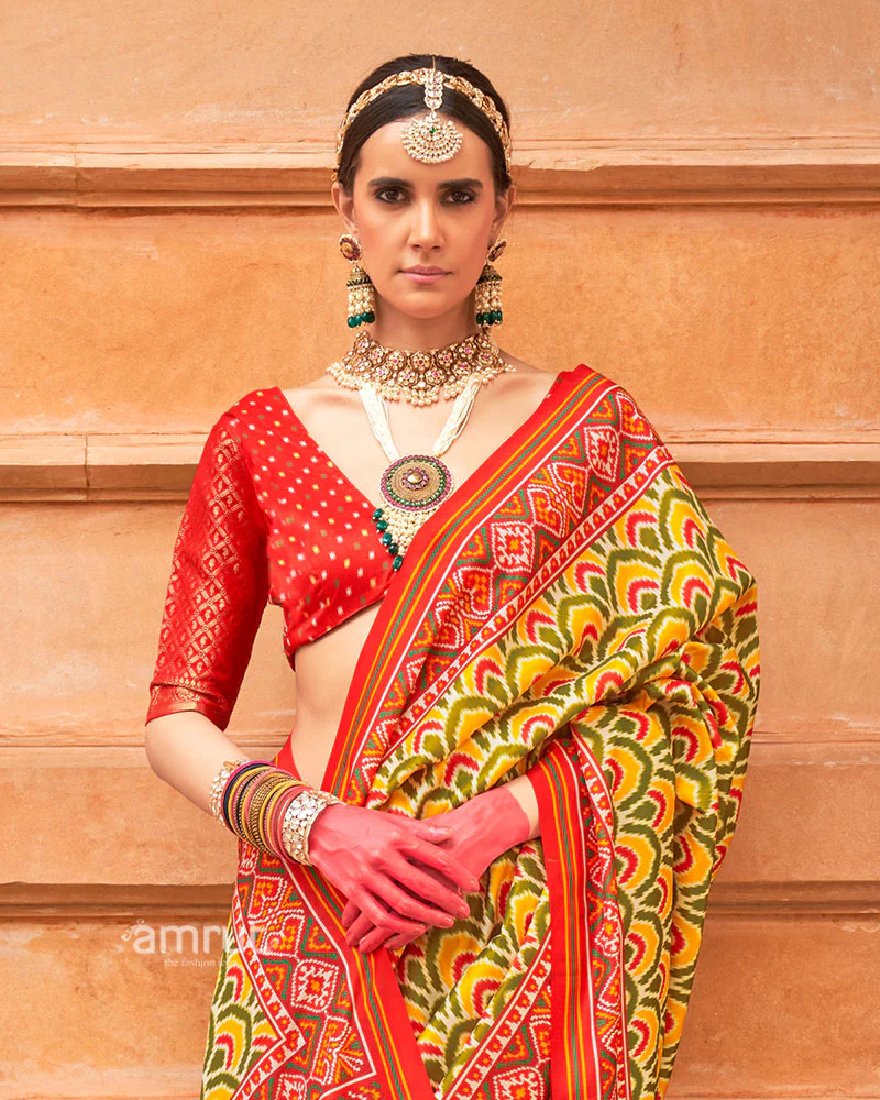 Yellow Green Patola Printed Saree with Red Zari Border and Unstitched Blouse - Image 2