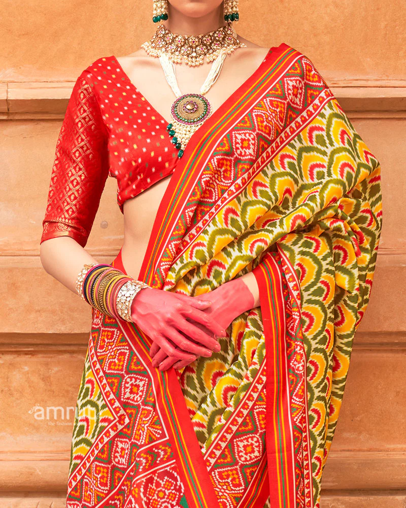 Yellow Green Patola Printed Saree with Red Zari Border and Unstitched Blouse - Image 3