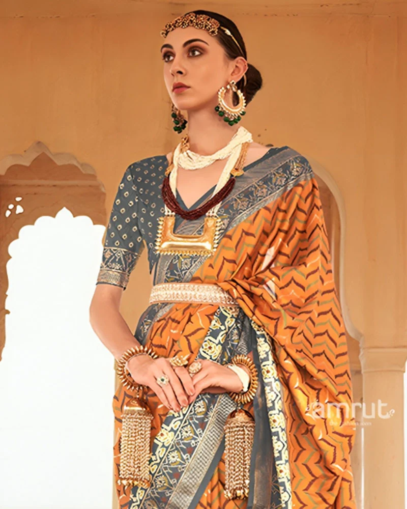 Yellow Ikat Printed and Dark Grey Contrast Border Patola Silk Saree with Unstitched Blouse - Image 2