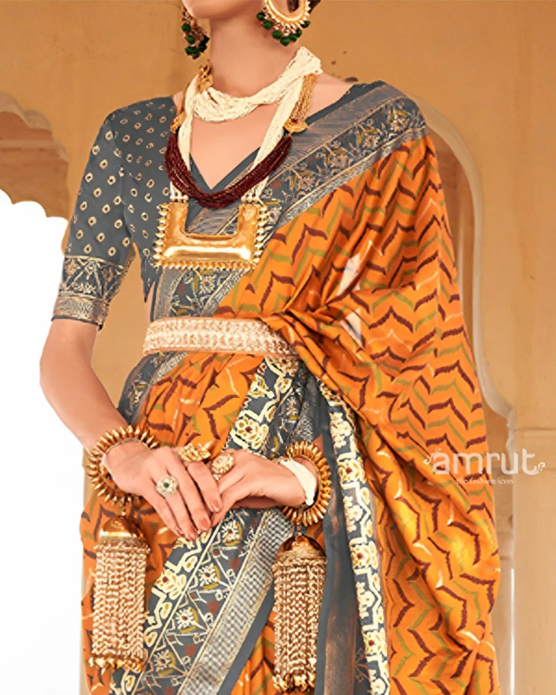 Yellow Ikat Printed and Dark Grey Contrast Border Patola Silk Saree with Unstitched Blouse - Image 3