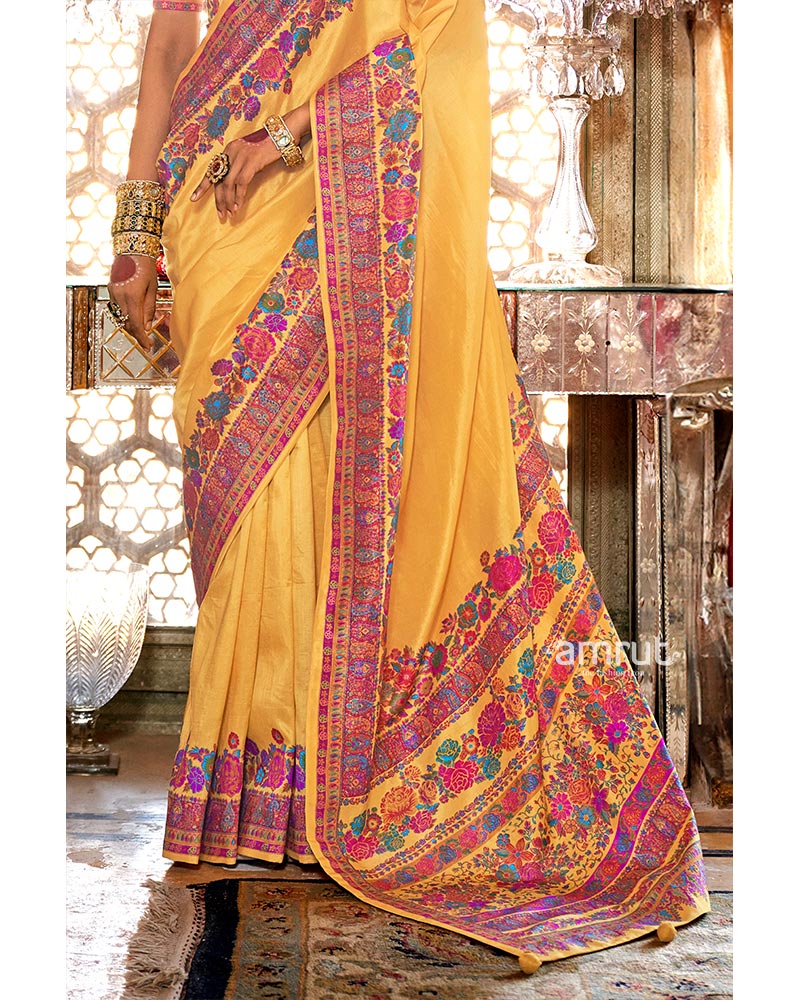 Yellow Intricate Floral Embroidery Embellished Pashmina Silk Saree with Unstitched Blouse - Image 3