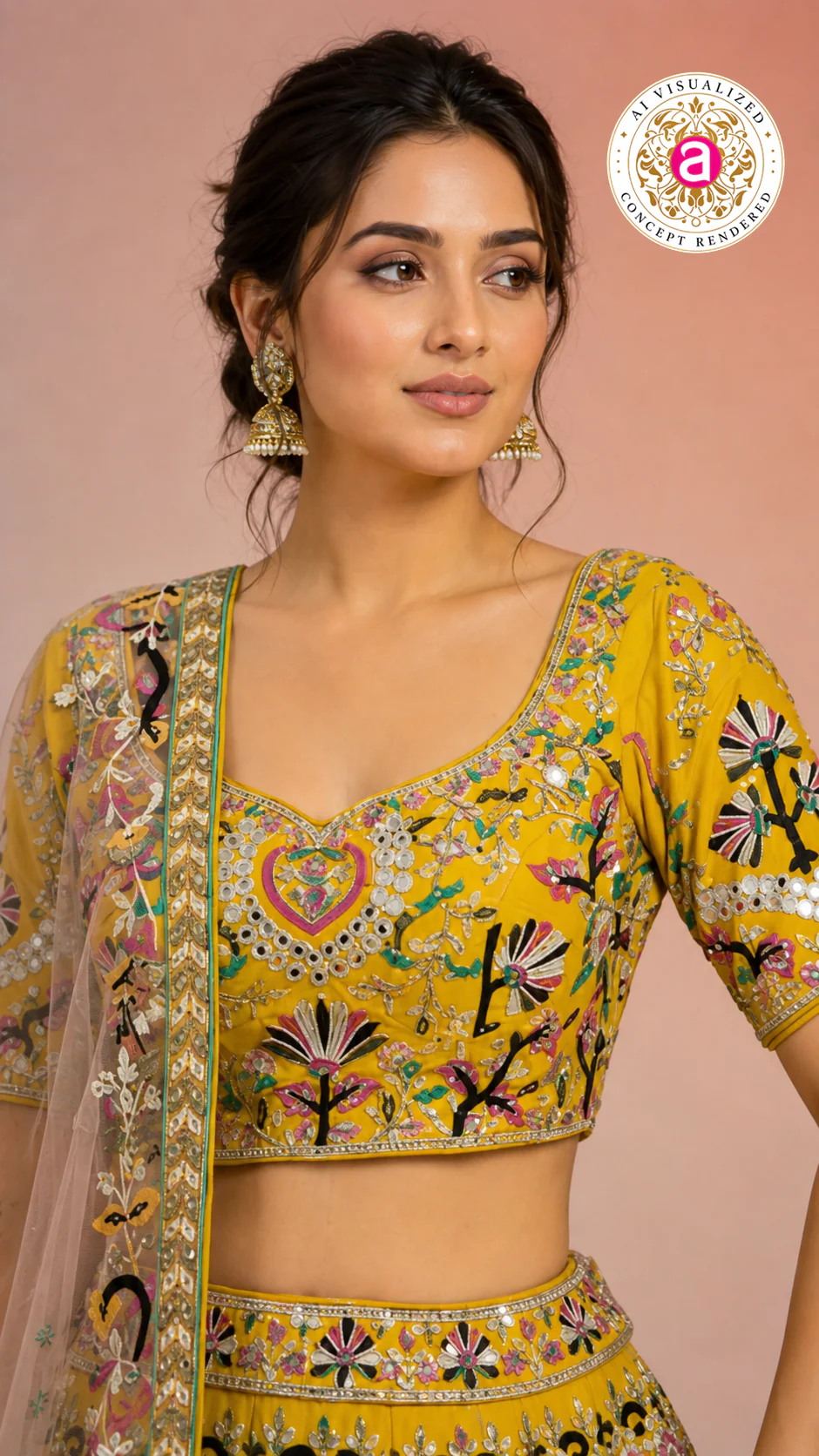 Yellow Multicolor Embroidered Designer Lehenga Choli with Net Dupatta - Image 2