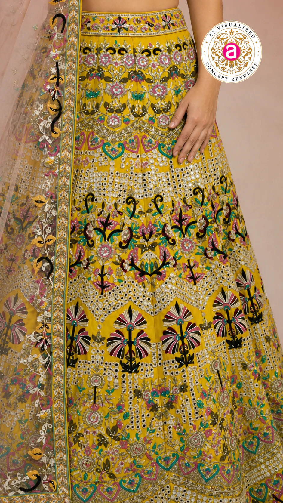 Yellow Multicolor Embroidered Designer Lehenga Choli with Net Dupatta - Image 3