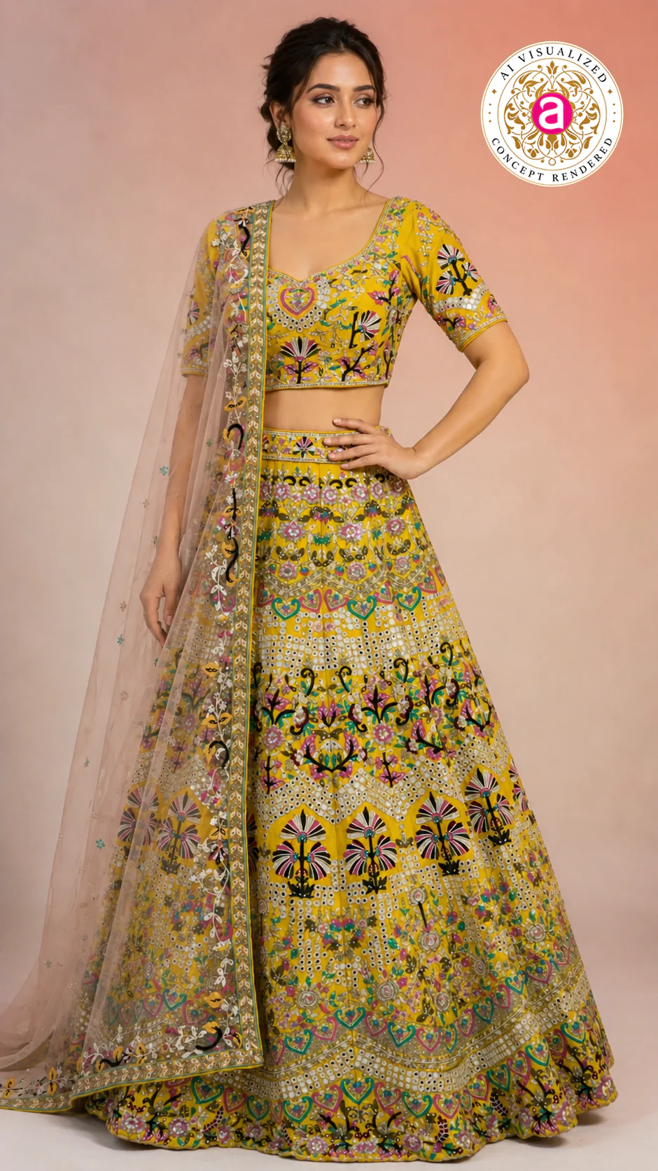 Yellow Multicolor Embroidered Designer Lehenga Choli with Net Dupatta - Image 4