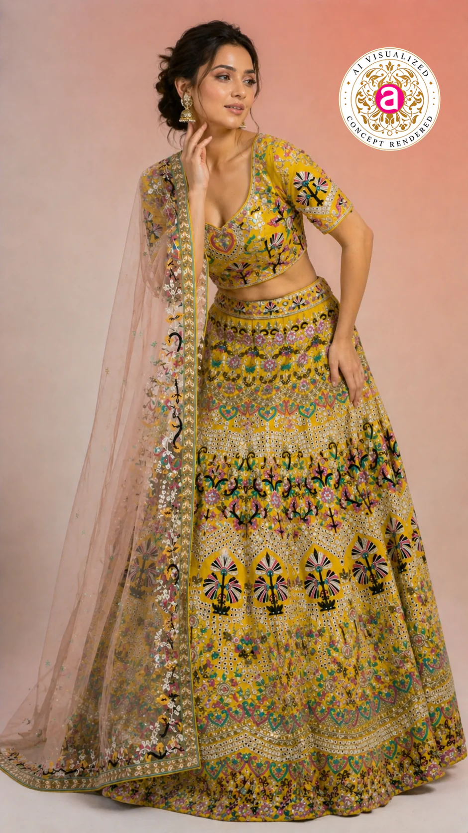 Yellow Multicolor Embroidered Designer Lehenga Choli with Net Dupatta - Image 5