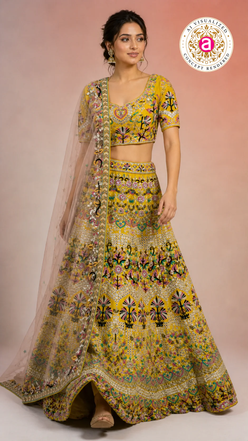 Yellow Multicolor Embroidered Designer Lehenga Choli with Net Dupatta - Image 6