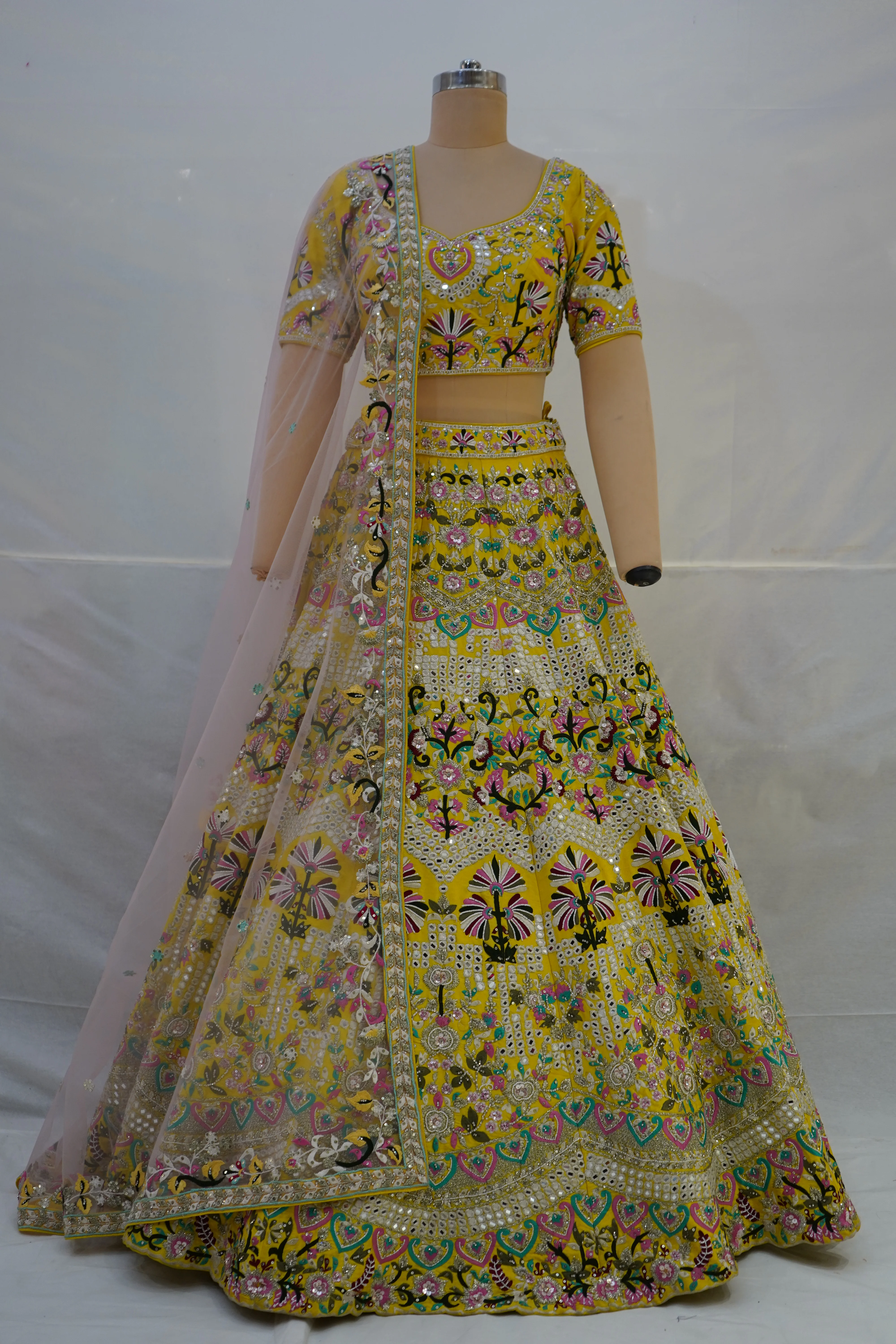 Yellow Multicolor Embroidered Designer Lehenga Choli with Net Dupatta - Image 8