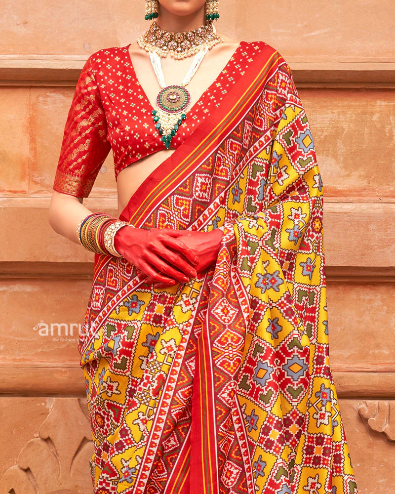 Yellow Patola Printed Saree with Red Zari Border and Unstitched Blouse - Image 3