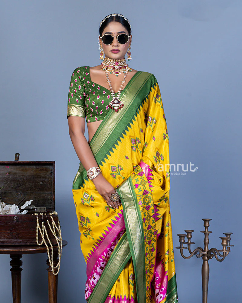 Yellow Patola Printed Viscose Silk Saree with Green Border and Unstitched Blouse - Image 2