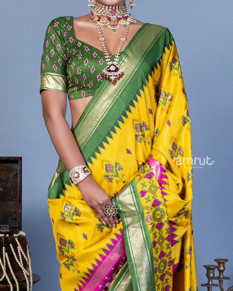 Yellow Patola Printed Viscose Silk Saree with Green Border and Unstitched Blouse - Image 3