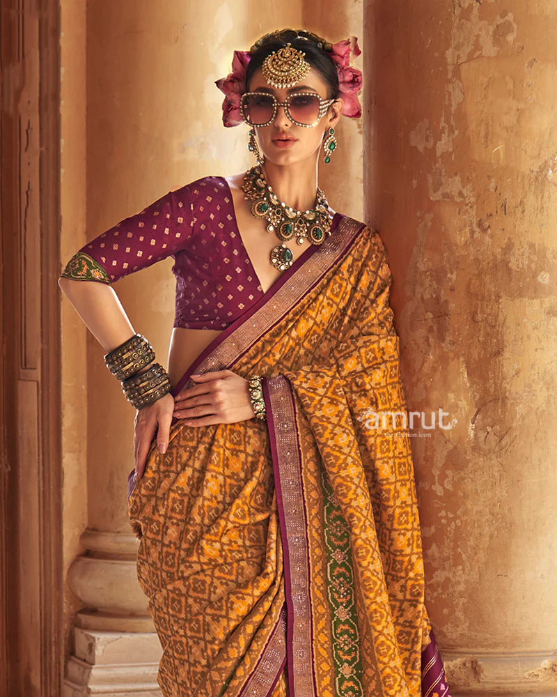 Yellow Patola Silk Saree with Purple Embellished Border and Unstitched Blouse - Image 2